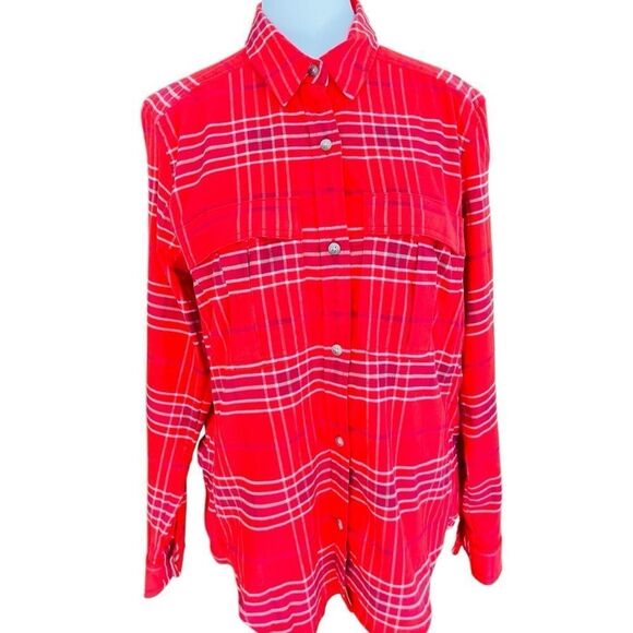 LL Bean cotton blend button front plaid tab sleeve shirt size M. - Picture 1 of 9